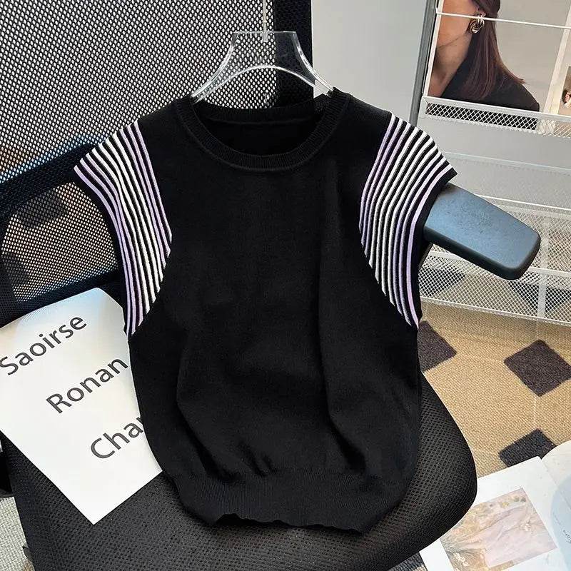 Contrast Color Ice Silk T-Shirt – Loose Knit Summer Top for Women - Stylemein