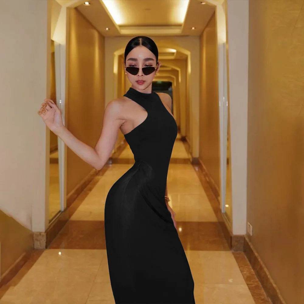 Satin Hollow Out Maxi Dress – Black Sleeveless High Waist Elegant Party Dress for Women - Stylemein