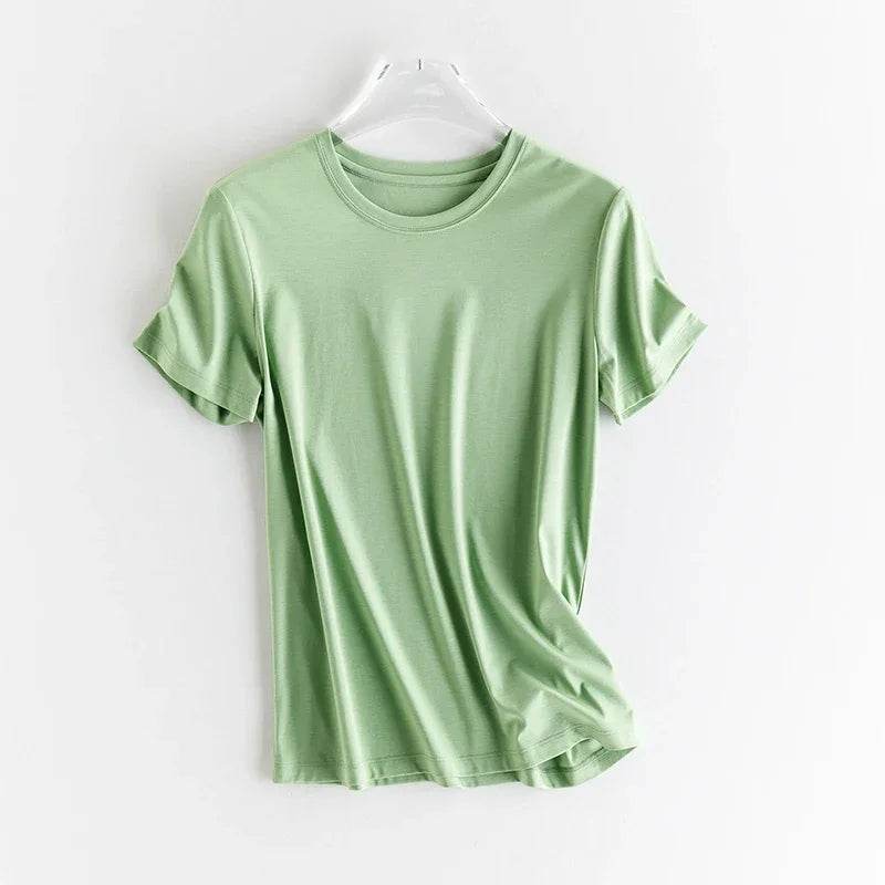 Luxury Silk & Mercerized Cotton Women’s T-Shirt – Short Sleeve Silky Feel V/O-Neck Summer Top - Stylemein