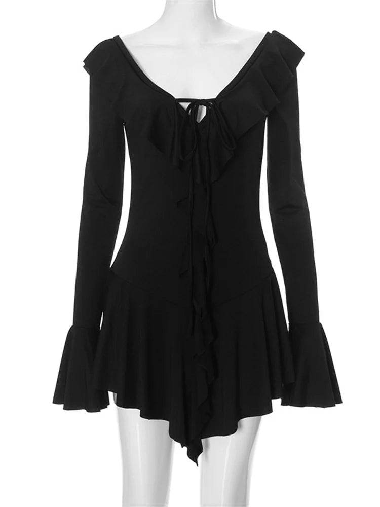 Sexy White Mini Dress with Ruffled Lace-Up Detail | V-Neck Patchwork Long Sleeve Slim Fit Bandage Dress for Women | Elegant Summer Party Dress - Stylemein