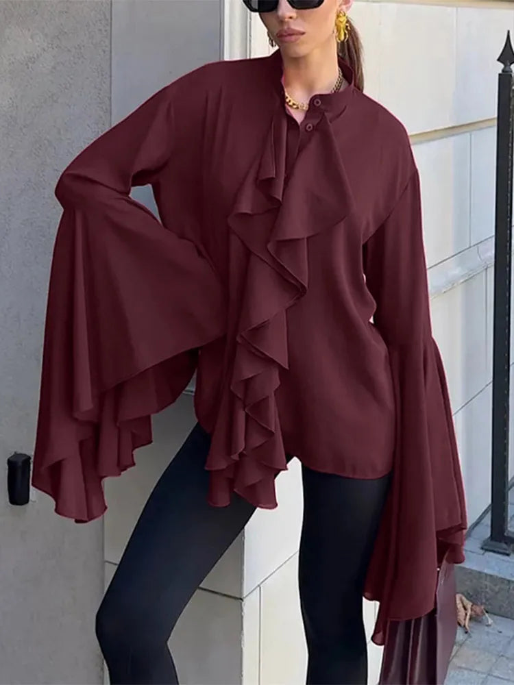 Women’s Ruffle V-Neck Blouse – Elegant Long Sleeve Autumn Top