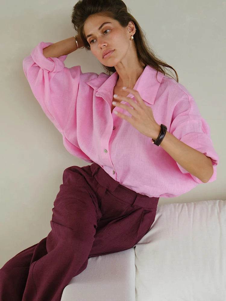 Oversized Cotton Linen Shirt – Women’s Long Sleeve Vintage Blouse - Stylemein