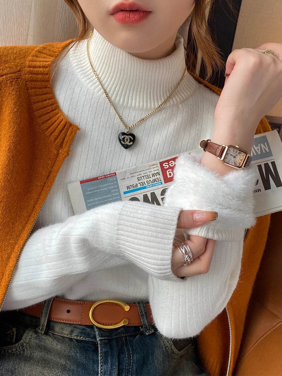 Velvet-Lined Thermal Turtleneck – Retro Red Knitted Winter Sweater - Stylemein