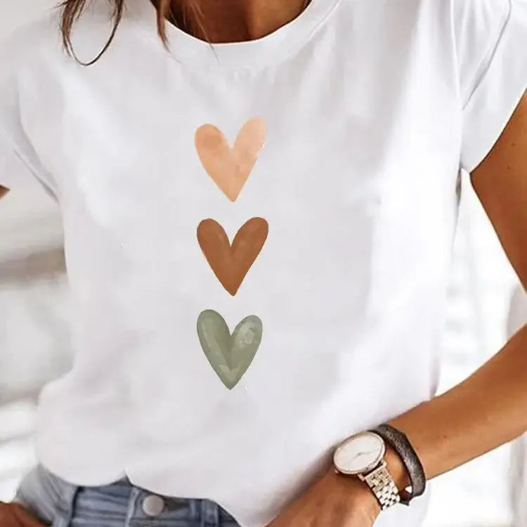Love Heart Print Summer T-Shirt – O-Neck Y2K 90s Casual Top