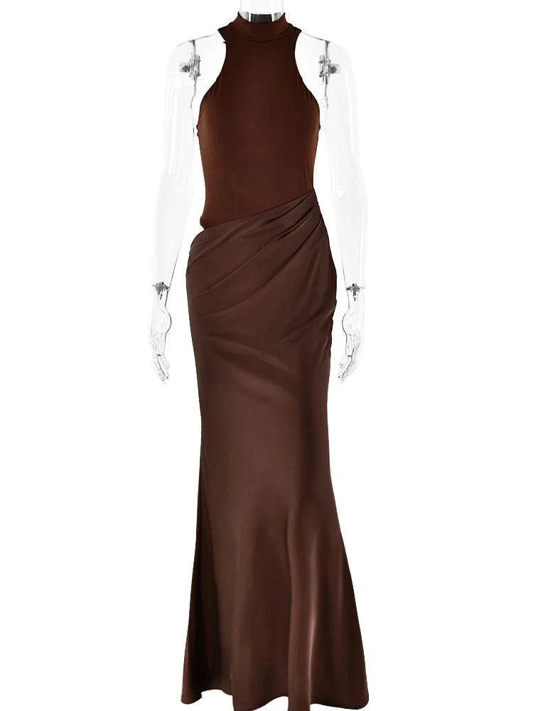 Satin Hollow Out Maxi Dress – Black Sleeveless High Waist Elegant Party Dress for Women - Stylemein