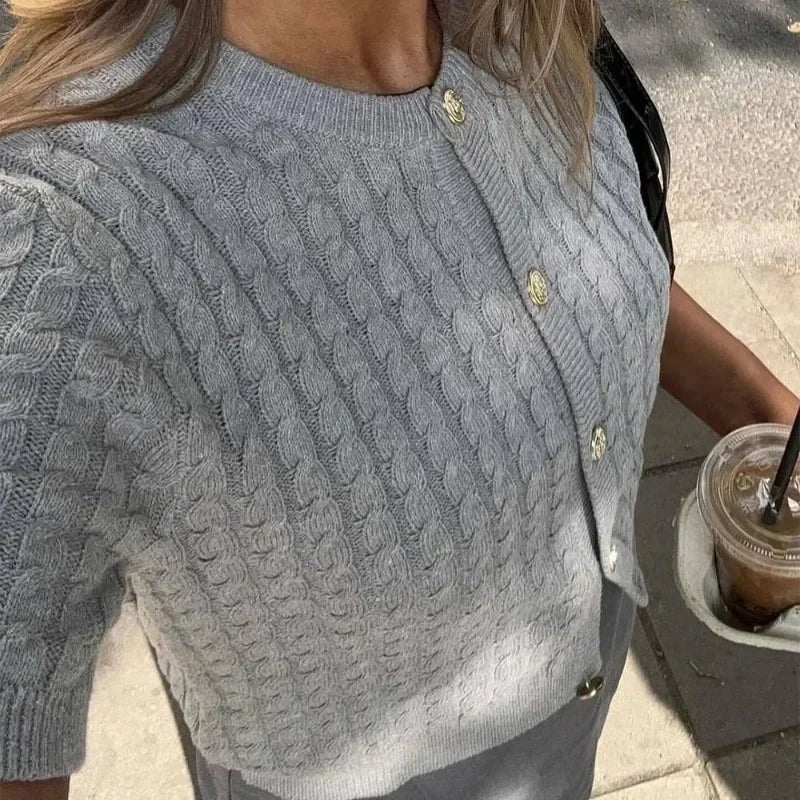 Patchwork Knit Cardigan – Ribbed Short Sleeve Cropped Sweater