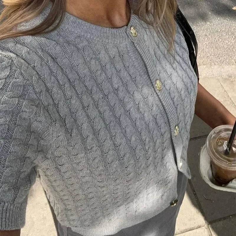 Stylemein - Patchwork Knit Cardigan – Ribbed Short Sleeve Cropped Sweater