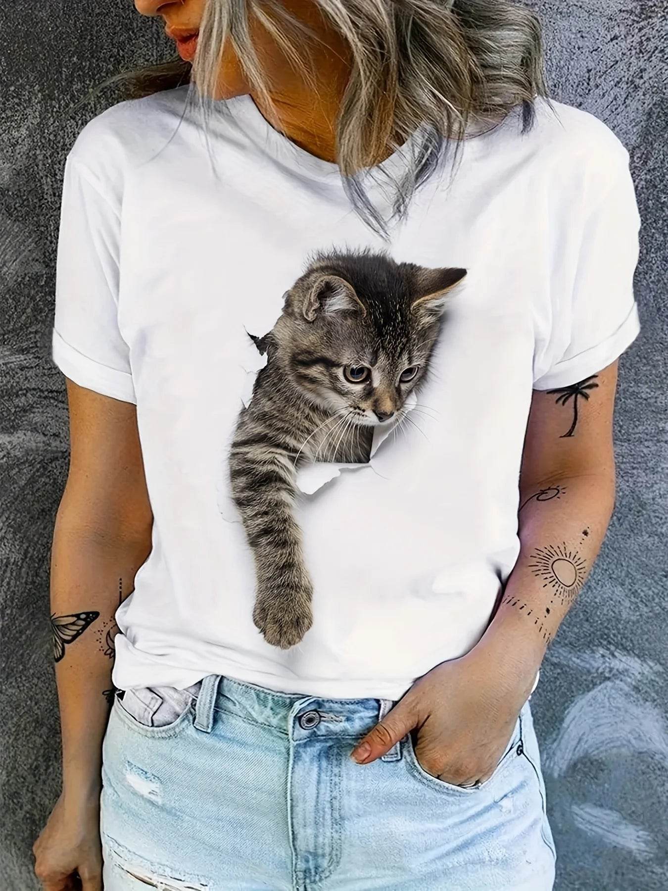 Stylemein - Women’s Cute Cat Print T-Shirt – Casual Everyday Short Sleeve Crew Neck Top