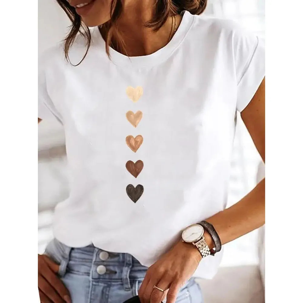 Love Heart Print Summer T-Shirt – O-Neck Y2K 90s Casual Top
