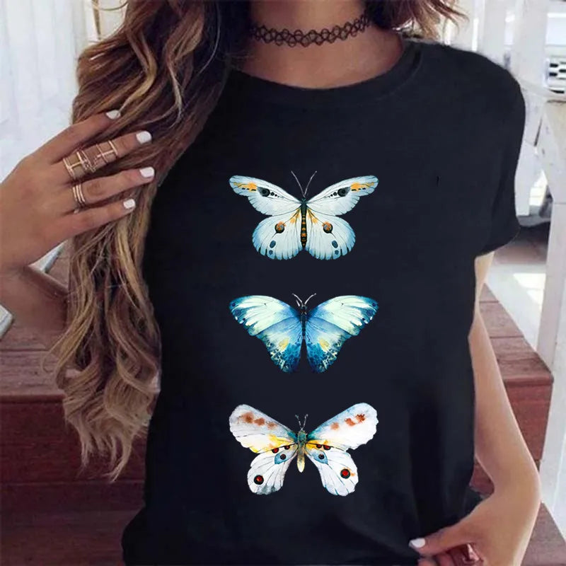 Women’s Butterfly Tree Print Harajuku T-Shirt – Black Round Neck Summer Casual Top