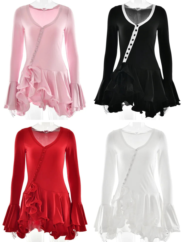 Women’s A-Line Bodycon Mini Dress – V-Neck Long Sleeve Short Dress with Ruffle Hem & Asymmetrical Buttons