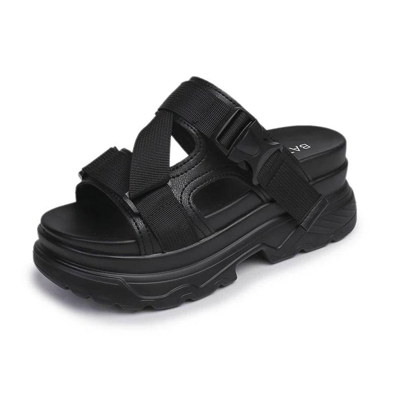 8cm Platform Wedge Sandals – Buckle Strap, Leather & Canvas Mix, Summer High Heel Shoes - Stylemein