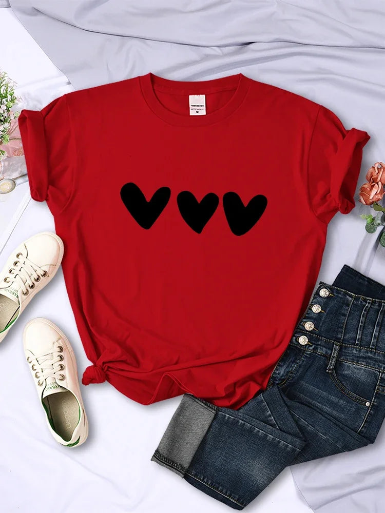 Black Heart Print T-Shirt – Casual Soft Streetwear Short Sleeve Top