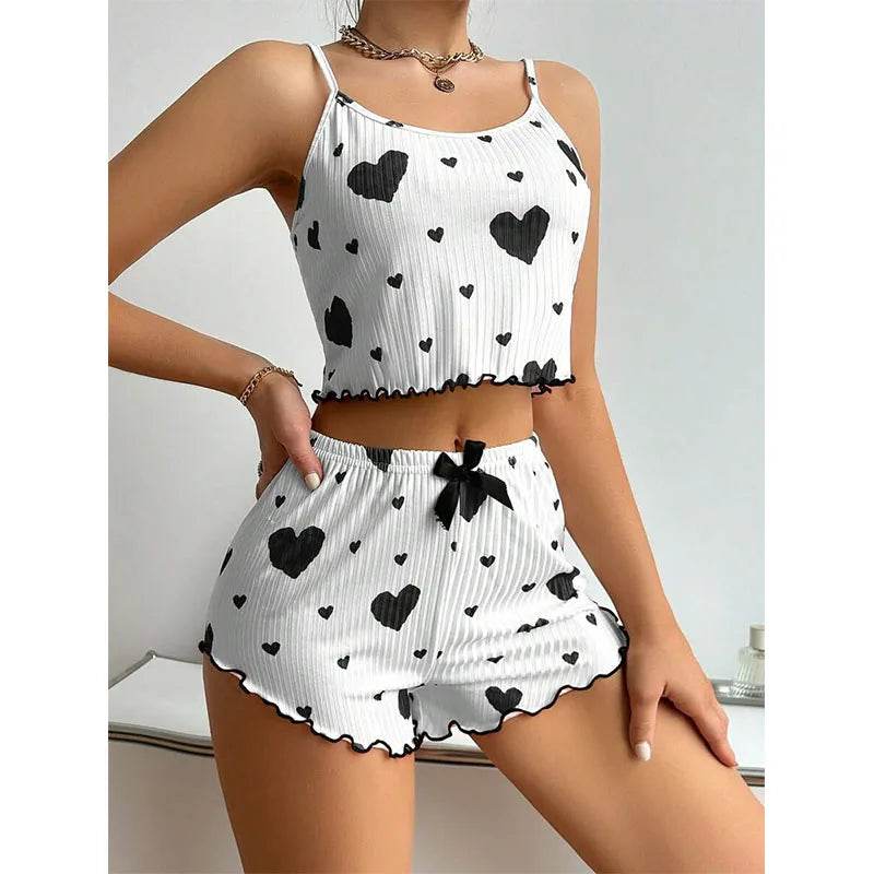 Stylemein - Women’s 2-Piece Pajama Set – White Love Print Tank Top & Shorts Sleepwear
