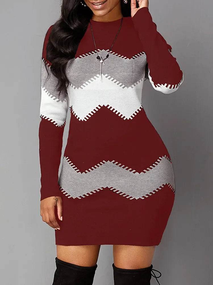 Autumn Women's Elegant O-Neck Slim Knitted Dress with Print – Long Sleeve Bodycon Mini Dress (5XL) - Stylemein