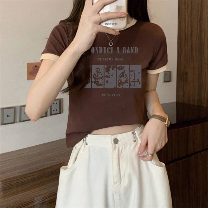 Retro Letter Print T-Shirt – Slim Fit Casual Top