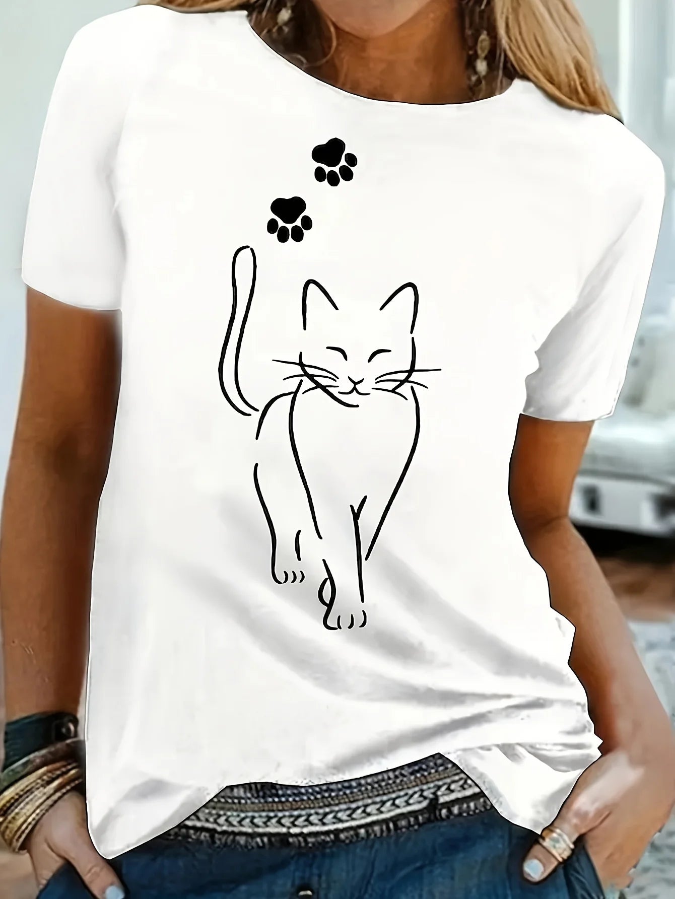 Women’s Cat Print Casual Short Sleeve T-shirt – Summer & Spring Crew Neck Top