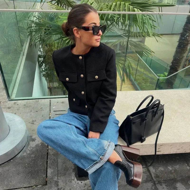 Elegant Cropped Button Jacket: Autumn & Winter Long Sleeve Demi-Season Coat - Stylemein