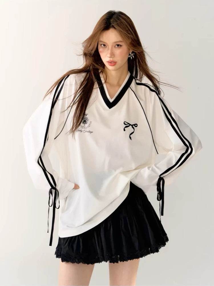 Oversized V-Neck Jersey Graphic Tee – Vintage Y2K Long Sleeve Sports Top for Women - Stylemein