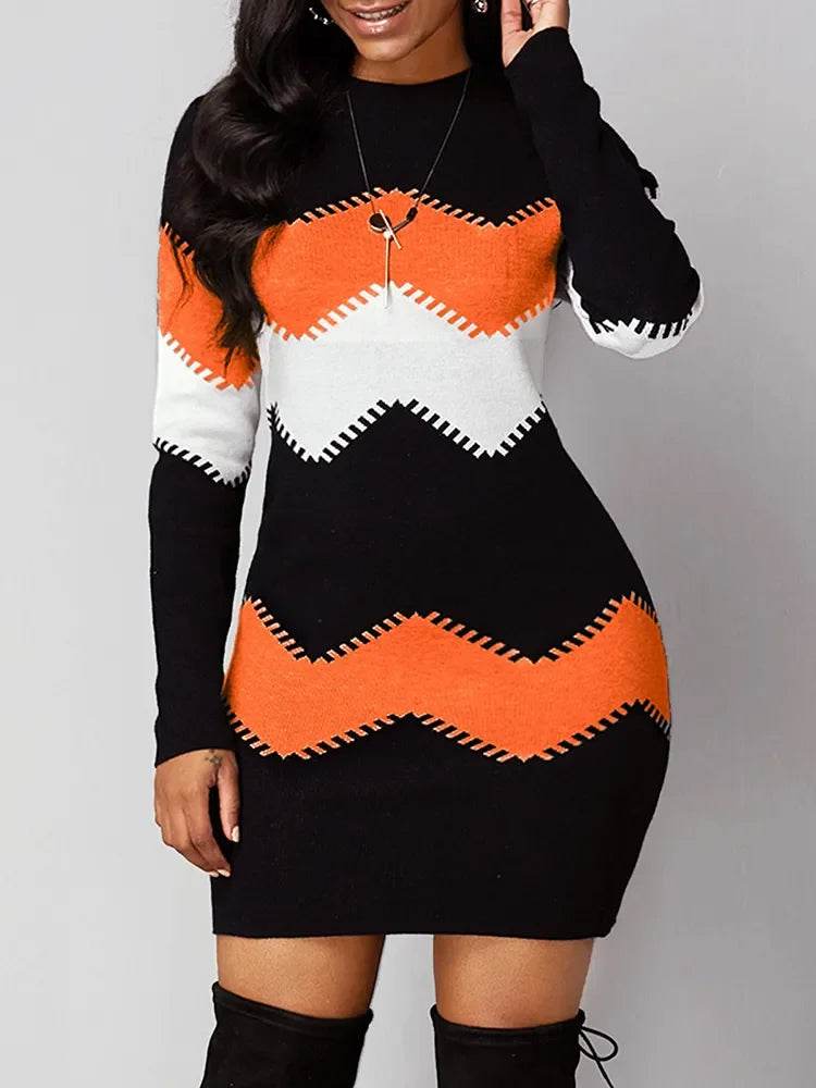 Autumn Women's Elegant O-Neck Slim Knitted Dress with Print – Long Sleeve Bodycon Mini Dress (5XL) - Stylemein
