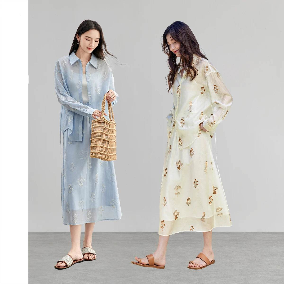 Lace-Up Shirt & Skirt Set – Embroidered Lyocell Two-Piece Outfit. - Stylemein