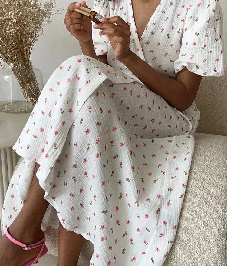 Floral Cotton A-Line Midi Dress – Women’s White Summer Dress with Slits - Stylemein