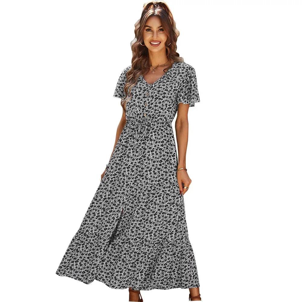 Chic Vintage Floral Summer Dress: Elegant High Waist Slit Maxi for Women - Stylemein