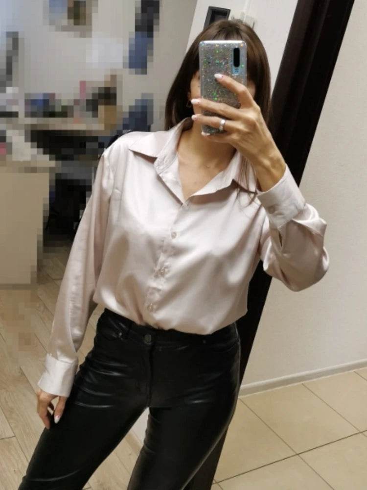 Elegant Satin Loose Fit Women's Shirt – Turn-Down Collar Casual Button Blouse for Spring and Autumn - Stylemein