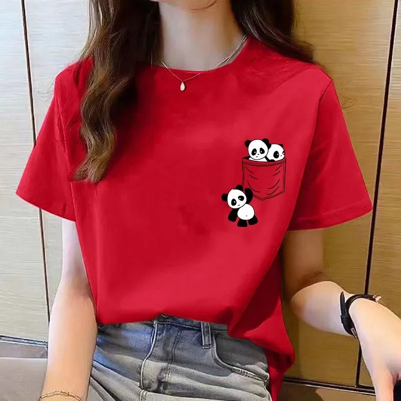 Person wearing a red t-shirt with panda designs.