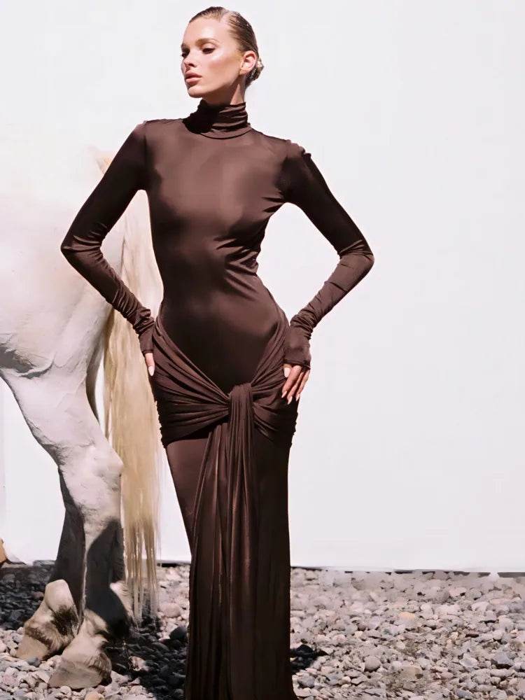 High Neck Long Sleeve Bodycon Maxi Dress for Women - Stylemein