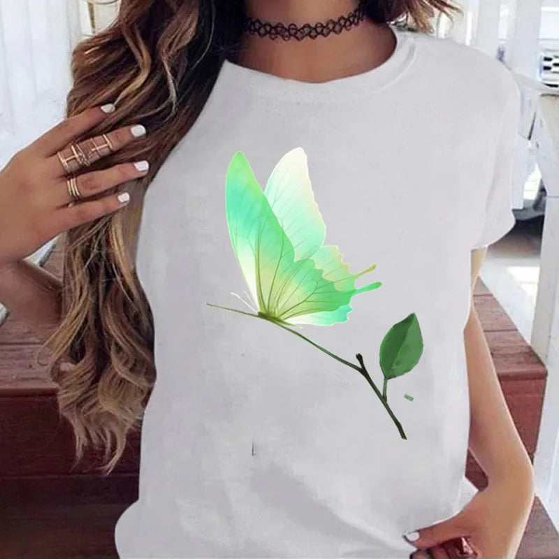 Women’s Butterfly Tree Print Harajuku T-Shirt – Black Round Neck Summer Casual Top