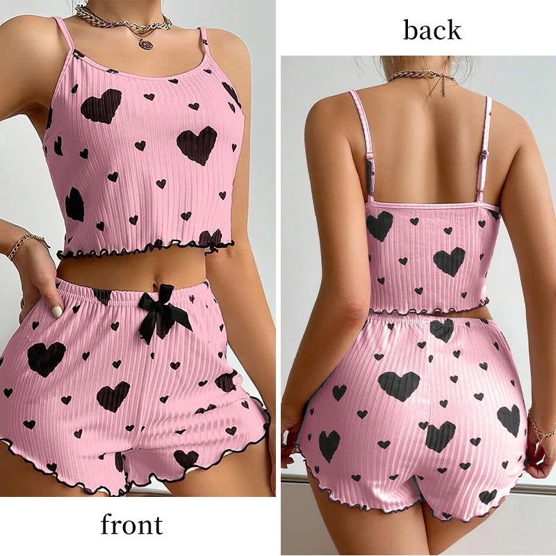 Women’s 2-Piece Pajama Set – White Love Print Tank Top & Shorts Sleepwear