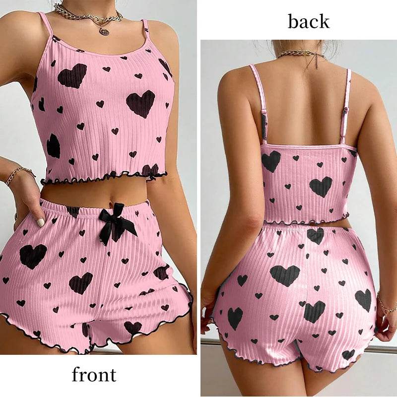 Stylemein - Women’s 2-Piece Pajama Set – White Love Print Tank Top & Shorts Sleepwear
