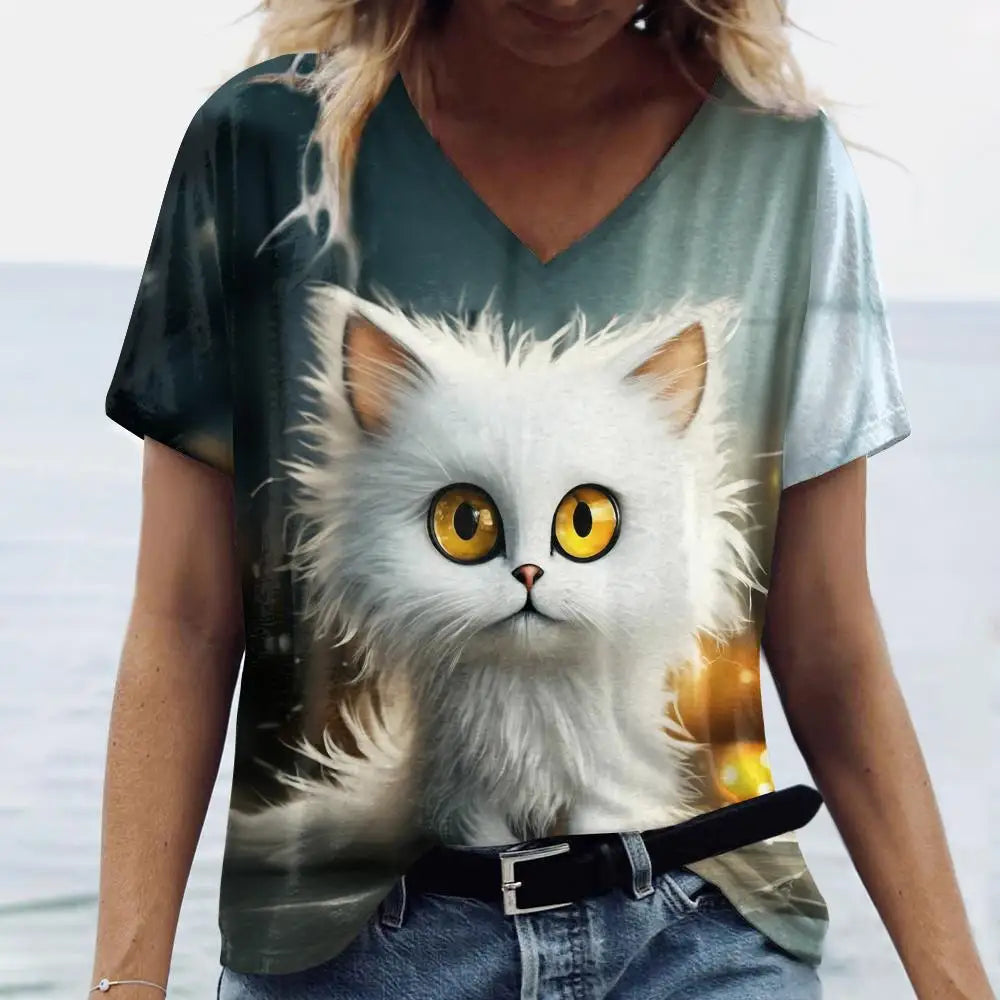 Women’s Oversized Cat Print T-Shirt – Casual Summer Streetwear Top