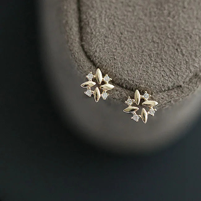 925 Sterling Silver Four-Pointed Star Earrings – 14k Gold Plated Crystal Studs