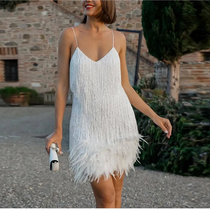 New Sexy Tassel Sequins Feather Mini Dress