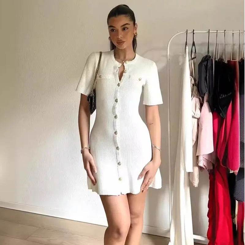 Stylemein - Women’s White Elegant Knitted Mini Dress – Slim Rib Sweater Dress with Metal Buttons for Party & Holiday Wear