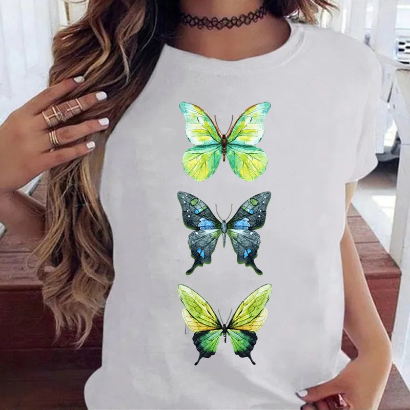 Women’s Butterfly Tree Print Harajuku T-Shirt – Black Round Neck Summer Casual Top