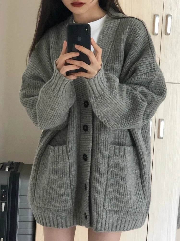 V-Neck Knit Cardigan – Loose Fit Long Sleeve Sweater Jacket - Stylemein