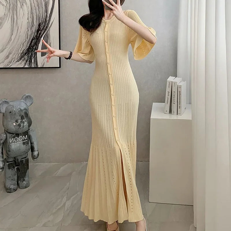 French Elegant Knitted Mermaid Dress – Slim Fit Hollow Design with Fish Tail Hem