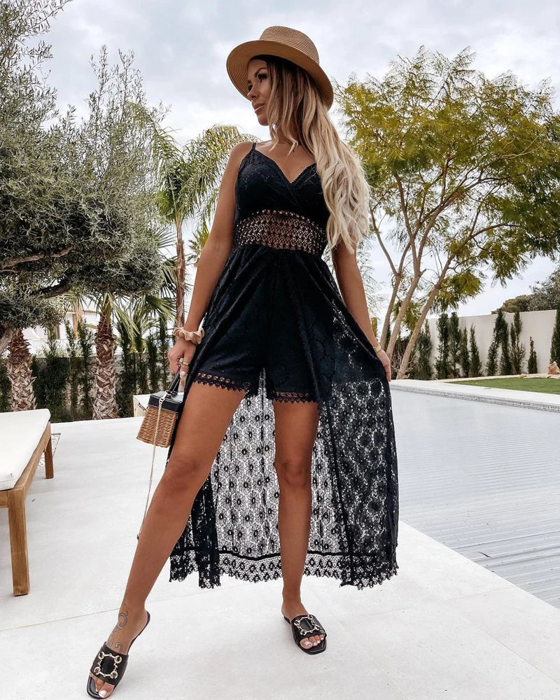Women’s White Lace Sleeveless V-Neck Jumpsuit – High Waist Holiday Party Romper