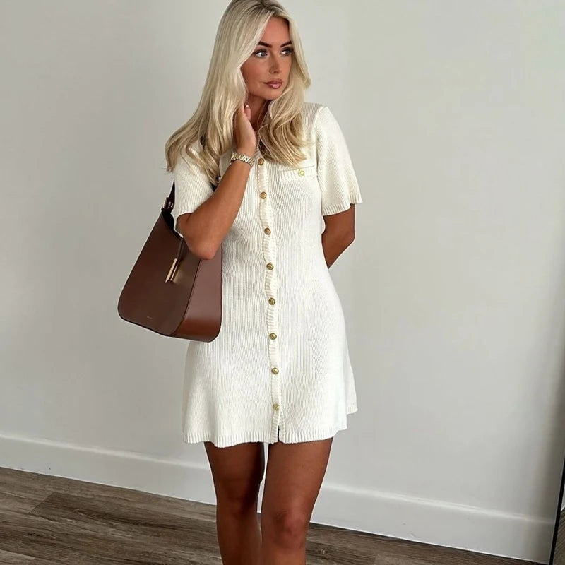Women’s White Elegant Knitted Mini Dress – Slim Rib Sweater Dress with Metal Buttons for Party & Holiday Wear