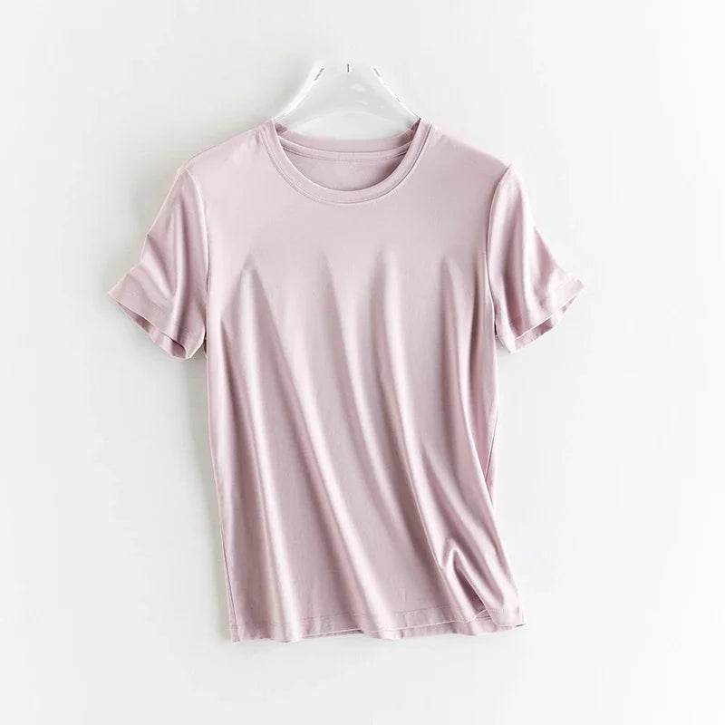 Luxury Silk & Mercerized Cotton Women’s T-Shirt – Short Sleeve Silky Feel V/O-Neck Summer Top - Stylemein