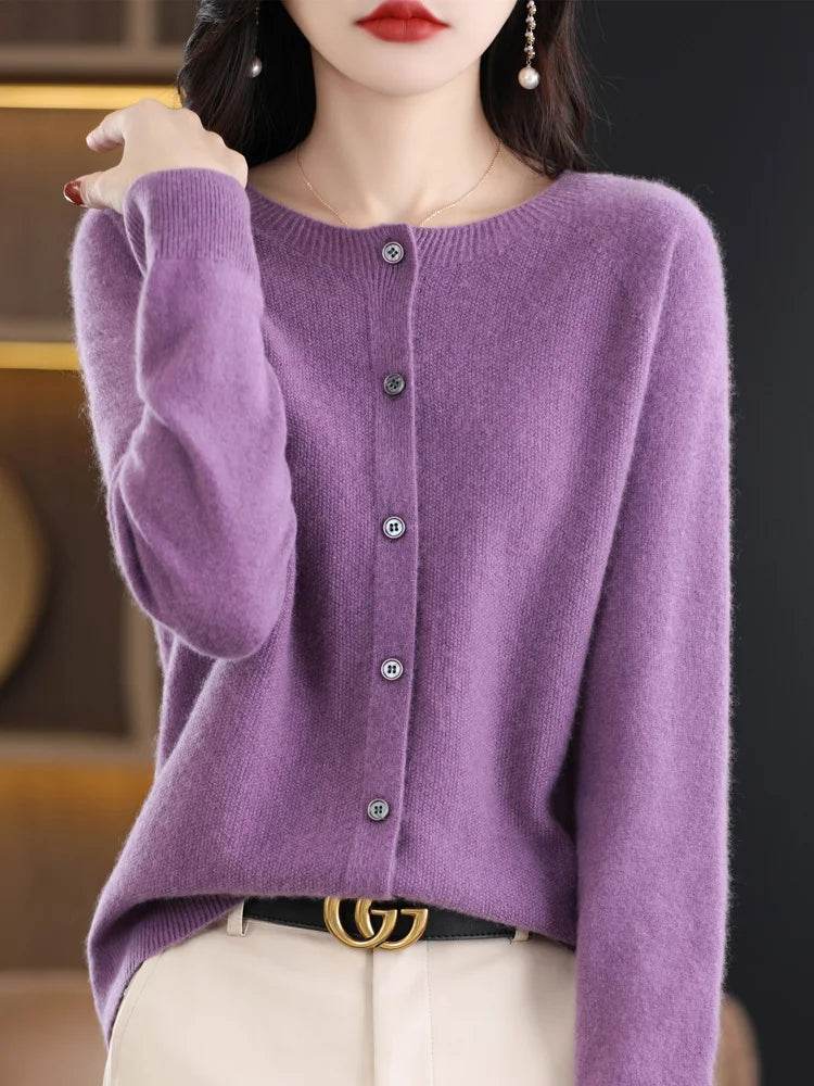 Merino Wool Cardigan – Soft Cashmere O-Neck Sweater - Stylemein