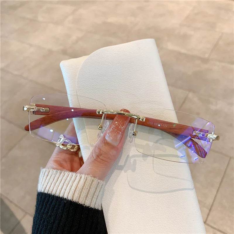 Stylemein - Rimless Wooden Pattern Sunglasses – Retro UV400 Shades for Men & Women