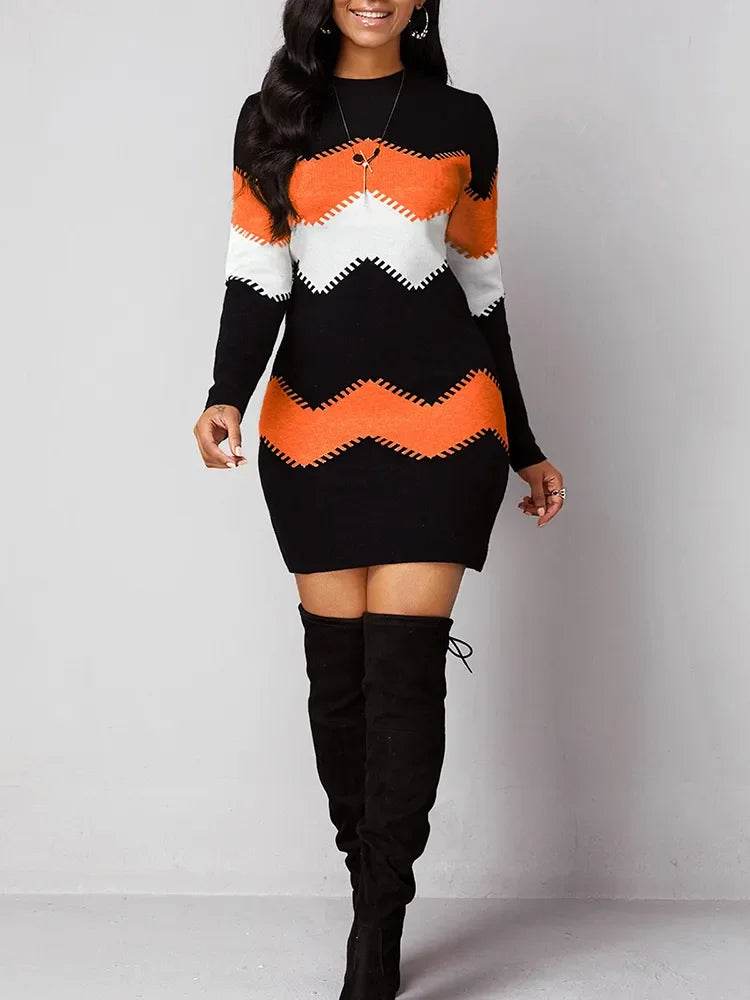 Autumn Women's Elegant O-Neck Slim Knitted Dress with Print – Long Sleeve Bodycon Mini Dress (5XL) - Stylemein