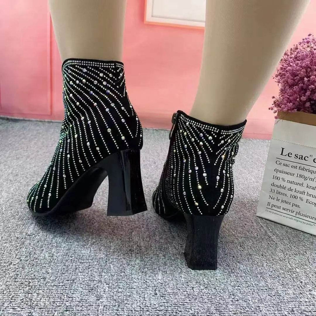 Meteor Rhinestone High Heel Cowboy Boots – Black Pointed-Toe Platform Boots for Women - Stylemein