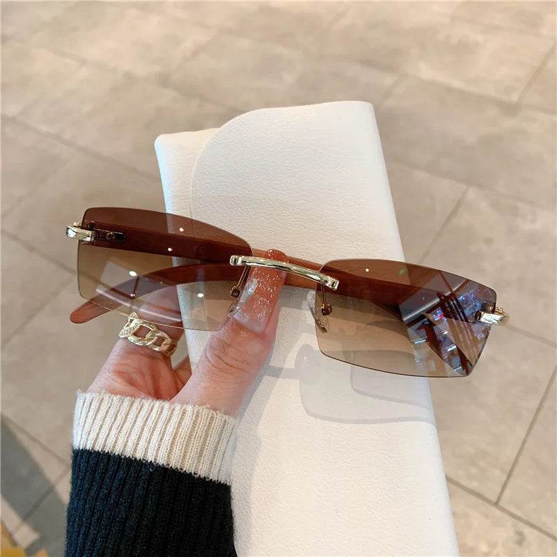 Stylemein - Rimless Wooden Pattern Sunglasses – Retro UV400 Shades for Men & Women
