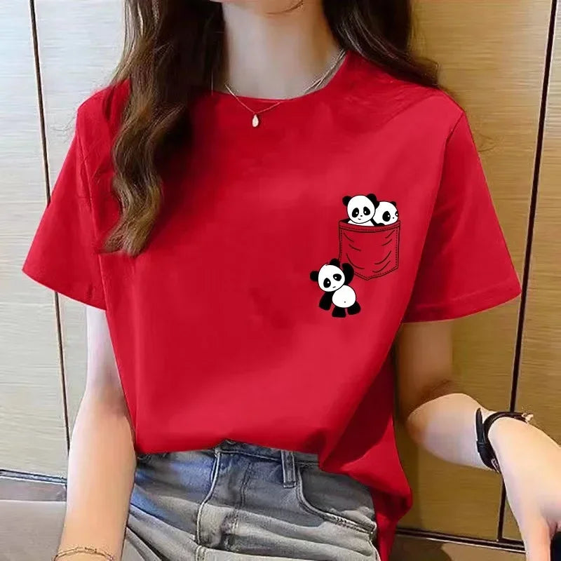 Person wearing a red t-shirt with panda designs