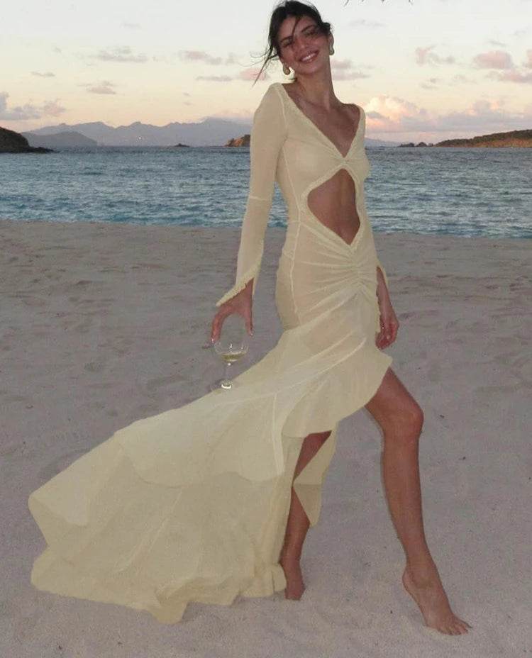 Stylemein - Mesh Long Sleeve Cut-Out Dress – Elegant Asymmetrical Shirred Holiday Party Outfit for Women